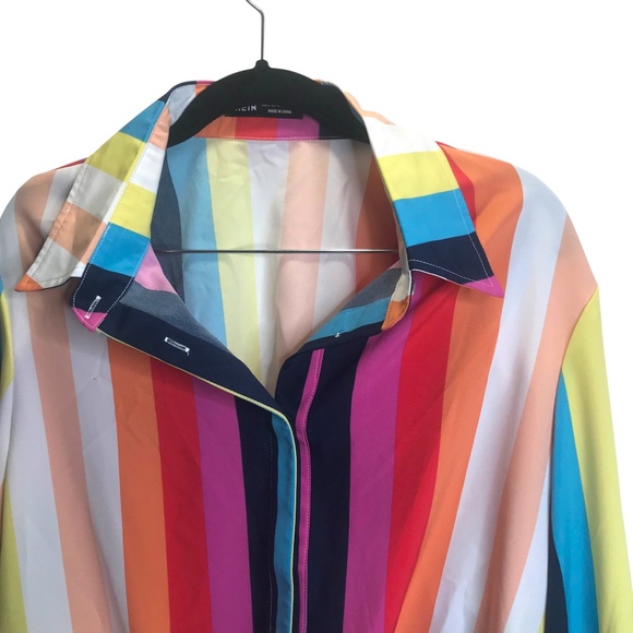 Women’s Multicolor Vertical Striped Button-Up Blouse Tie Front - Picture 6 of 12